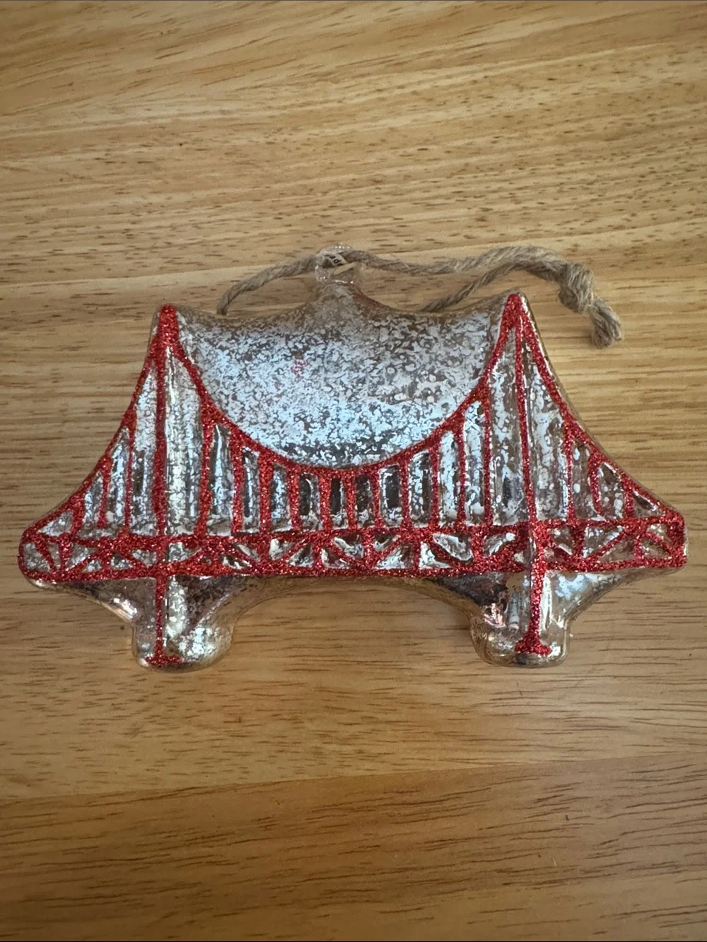 Pottery Barn Mercury Glass Golden Gate Bridge & Green Beaded Finial Ornament